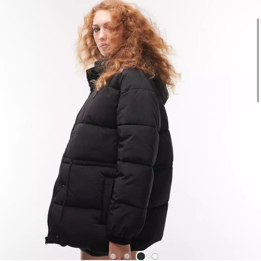 Topshop Petite mid length tie waist puffer jacket in black